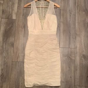 Stunning cream/Beige Dress with mesh, lace and diamond pearl accent at center